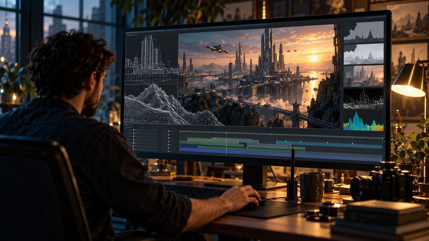 Illustrative cinematic visual effects and compositing scene